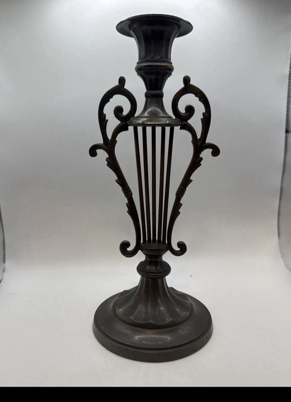 Vintage Brass Lyre Harp Candle Holder MCM Ornate Mid Century 12in